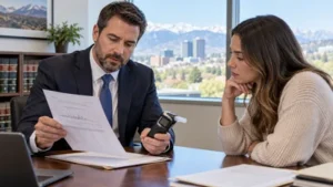 A Colorado DUI defense attorney reviews breath test records and a breathalyzer device with a client.