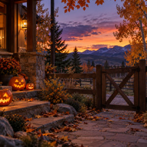 Halloween porch and gated private property at dusk