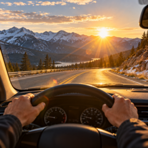 Driver shields eyes from bright sun glare on a Colorado Springs roadway