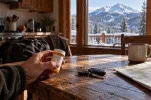 A prescription bottle and car keys rest on a Colorado kitchen table near snowy mountains.